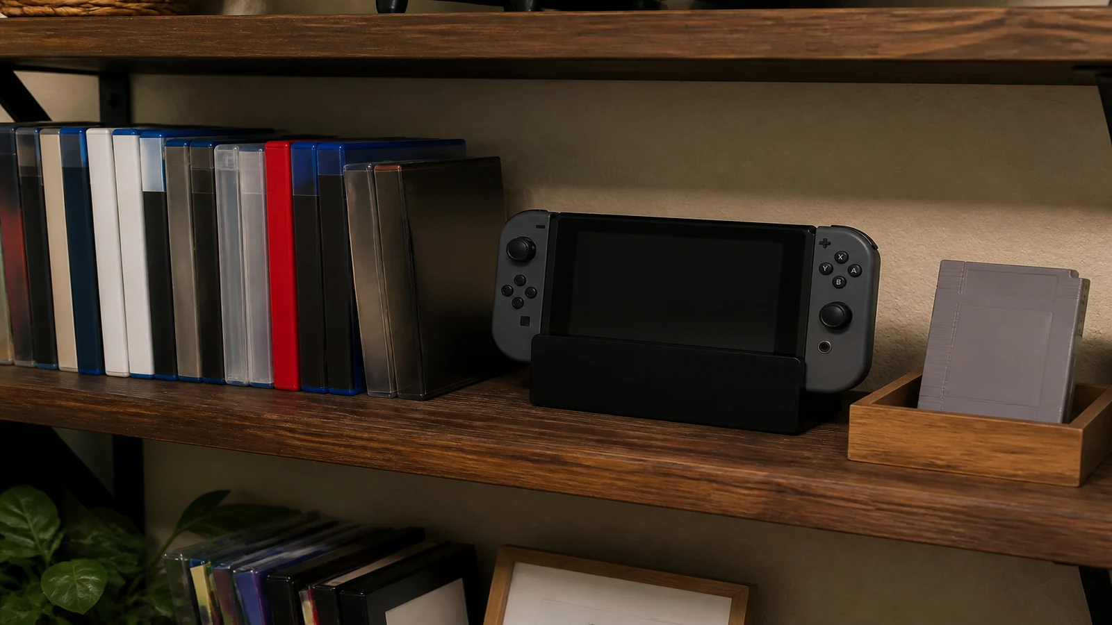 Shelf of unlabeled game boxes with a docked hybrid console