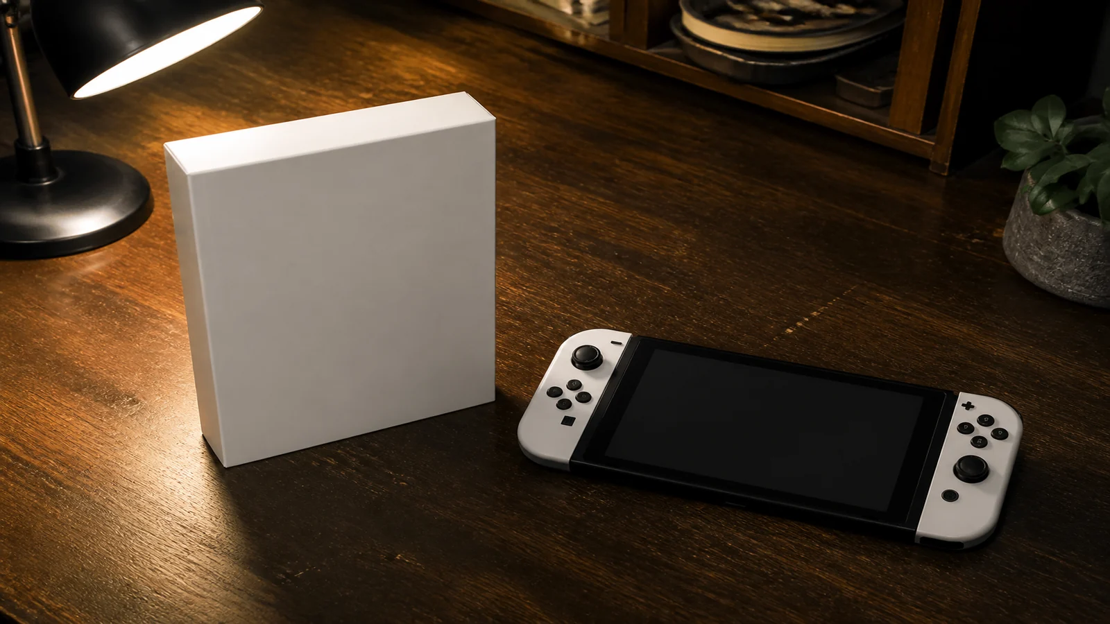 Standing game box and hybrid console on a desk