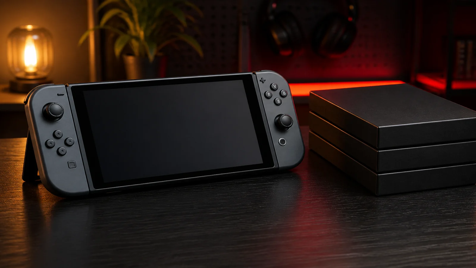 Hybrid console in tabletop mode beside unlabeled game boxes